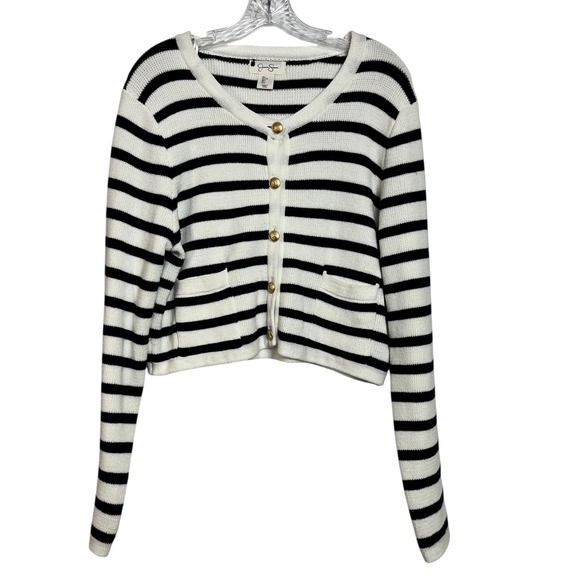 Jessica Simpson Striped Cropped Cardigan Sweater Nautical Buttons Pockets L - Picture 2 of 8